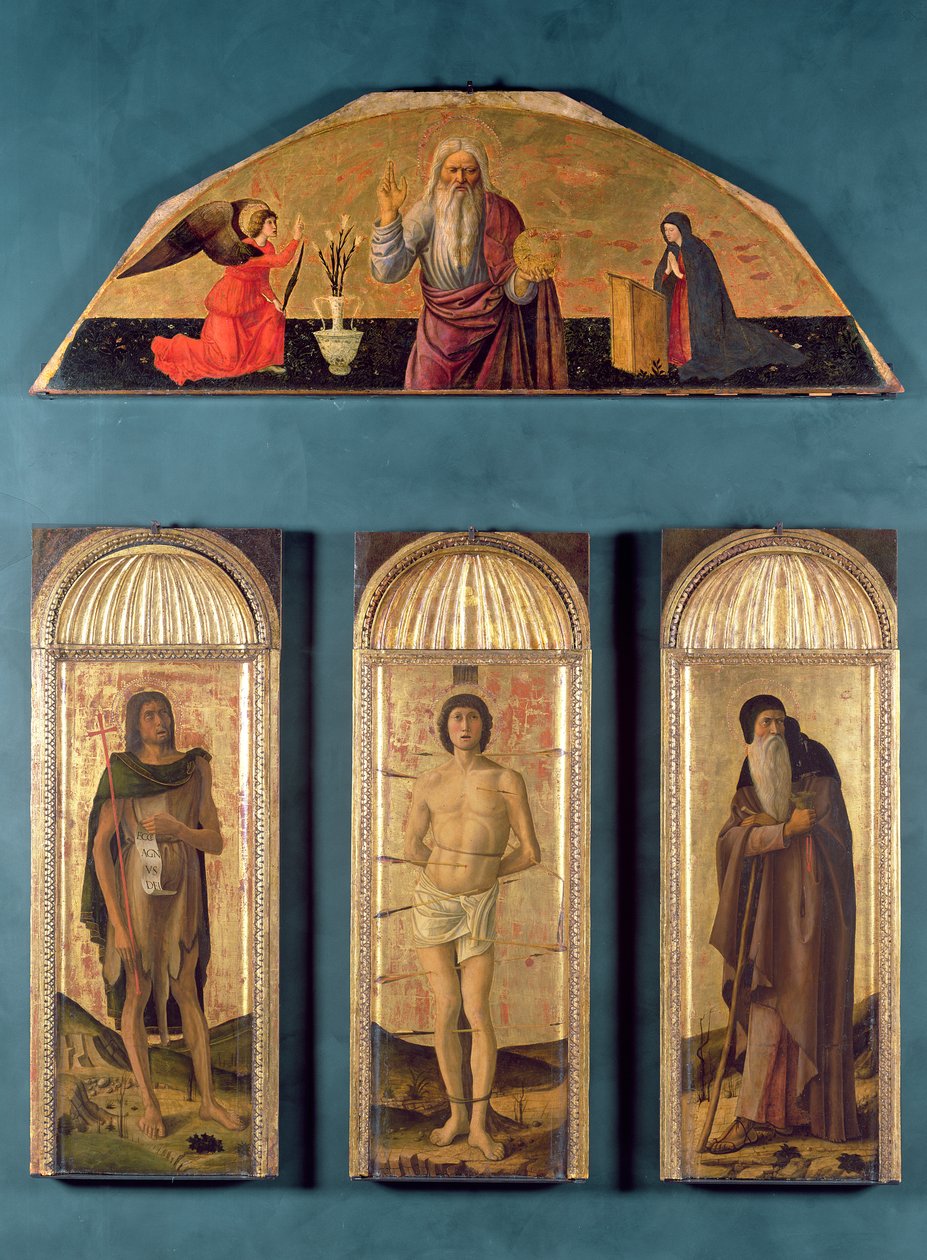 Pyhä Sebastian Pyhän Johannes Kastajan ja Pyhän Antonius apotin välissä, lunetissa Ikuisuus ja Marian ilmestys (tempera ja lehtikulta paneelille). tekijältä Giovanni Bellini