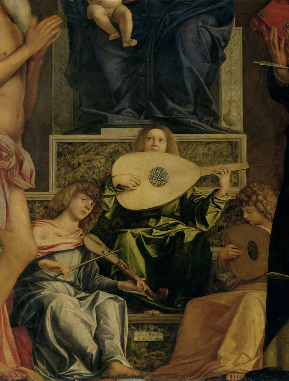 San Giobben alttaritaulu, yksityiskohta musiikkia soittavista enkeleistä, n. 1487 öljytaulun yksityiskohta 55433:sta tekijältä Giovanni Bellini