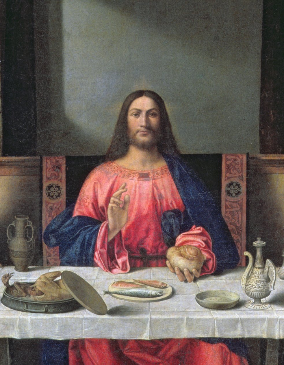 Illallinen Emmauksessa öljypaneelin yksityiskohta numerosta 97010 tekijältä Giovanni Bellini