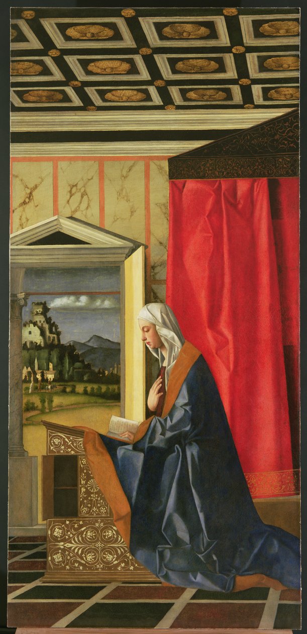 Neitsyt Maria, Marian ilmestyksen diptyykistä (vuoden 1998 jälkeinen restaurointi) tekijältä Giovanni Bellini
