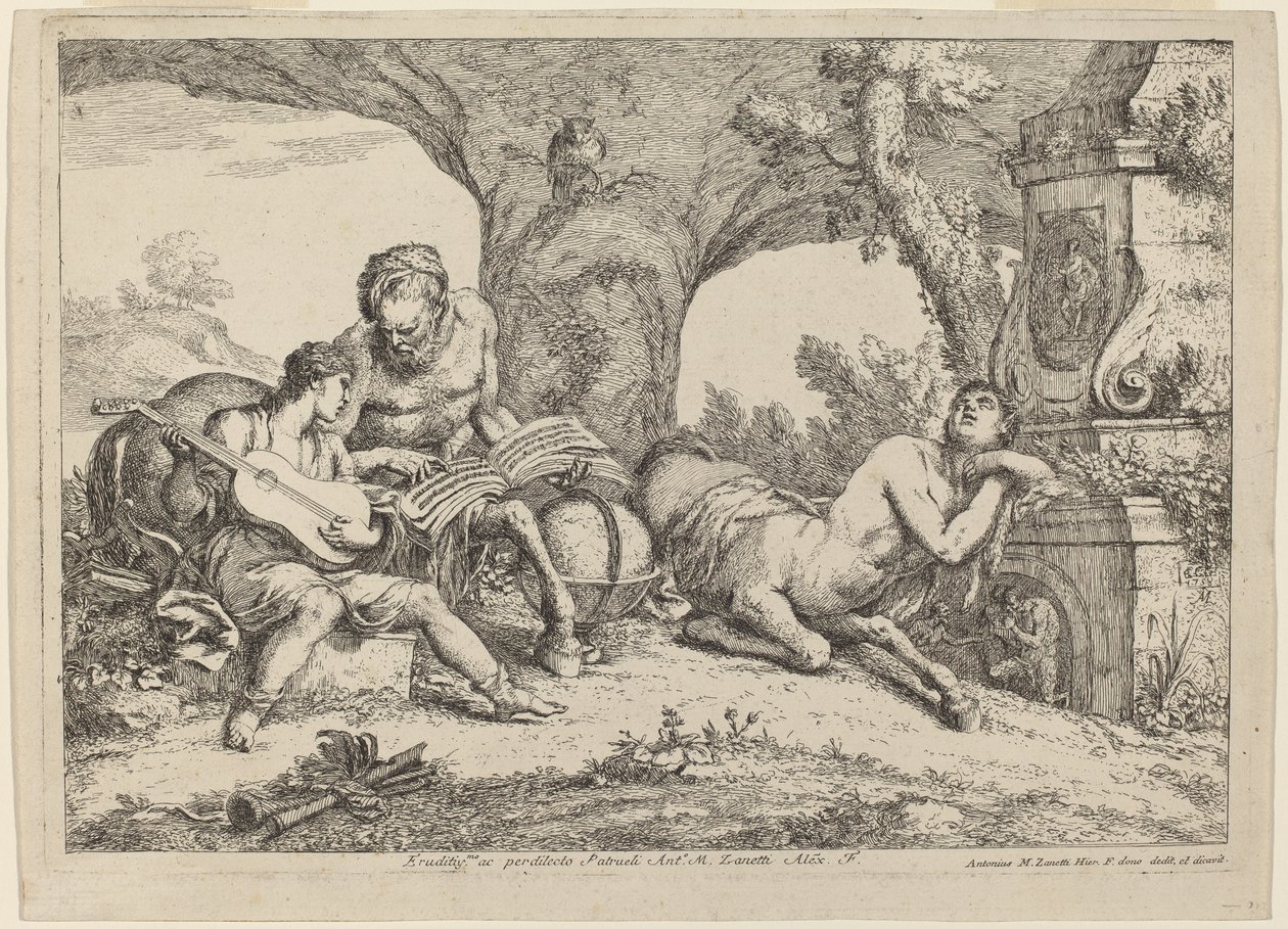 Chiron opettaa musiikkia Akilleukselle, 1758 (etsaus paperille) tekijältä Giovanni Benedetto Castiglione