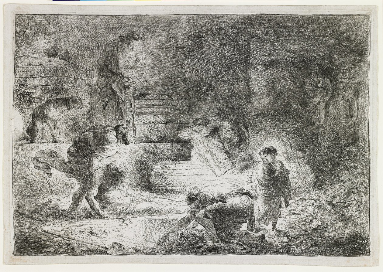 Tobit Burying the Dead, n. 1650 tekijältä Giovanni Benedetto Castiglione