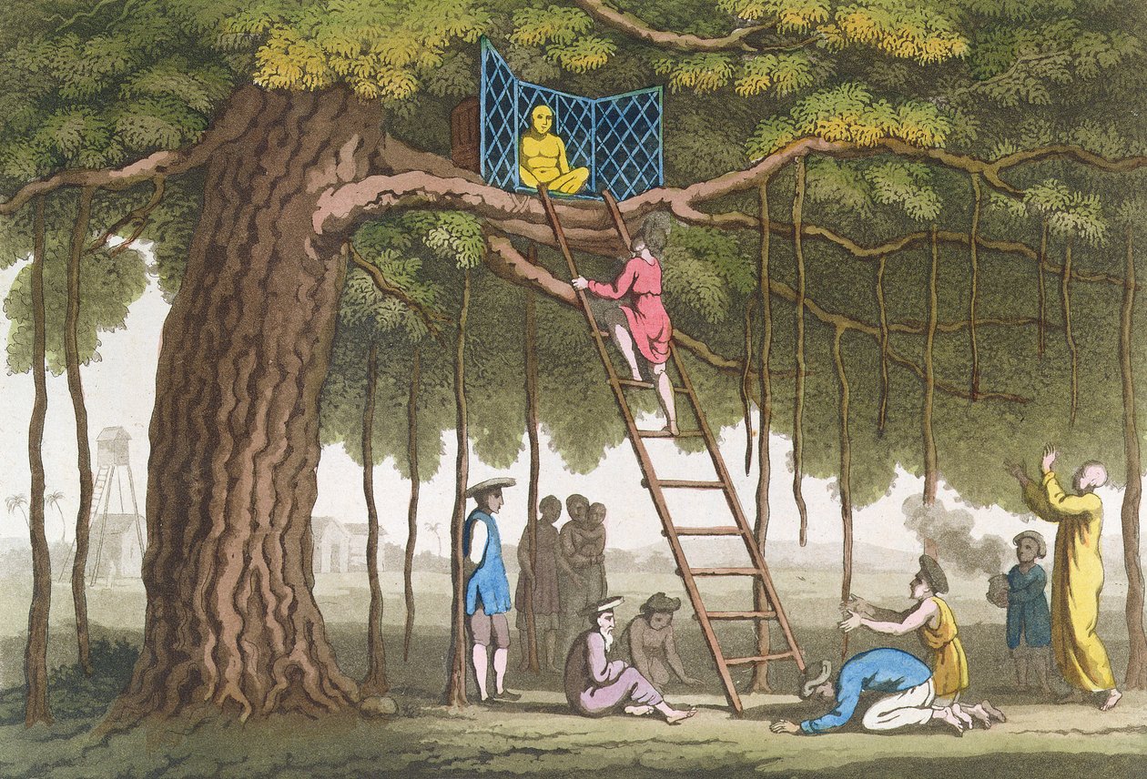 Fon-jumalan palvonta Cochin Kiinassa Turonin lahden alueella Jules Ferrarion teoksesta "Le Costume Ancien et Moderne", julkaistu noin 1820-30-luvulla tekijältä Giovanni Bigatti
