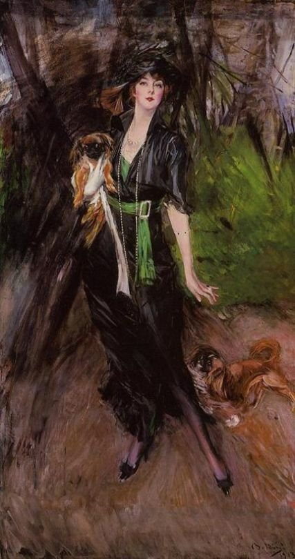 Muotokuva Lady Lina Bilitis ja kaksi pekiiniläistä saksalaista: Portrait of Lady Lina Bilitis mit zwei Pekingese Polski: Portret Lady Liny Bilitis z dwoma pekinczykamin tekijältä Giovanni Boldini