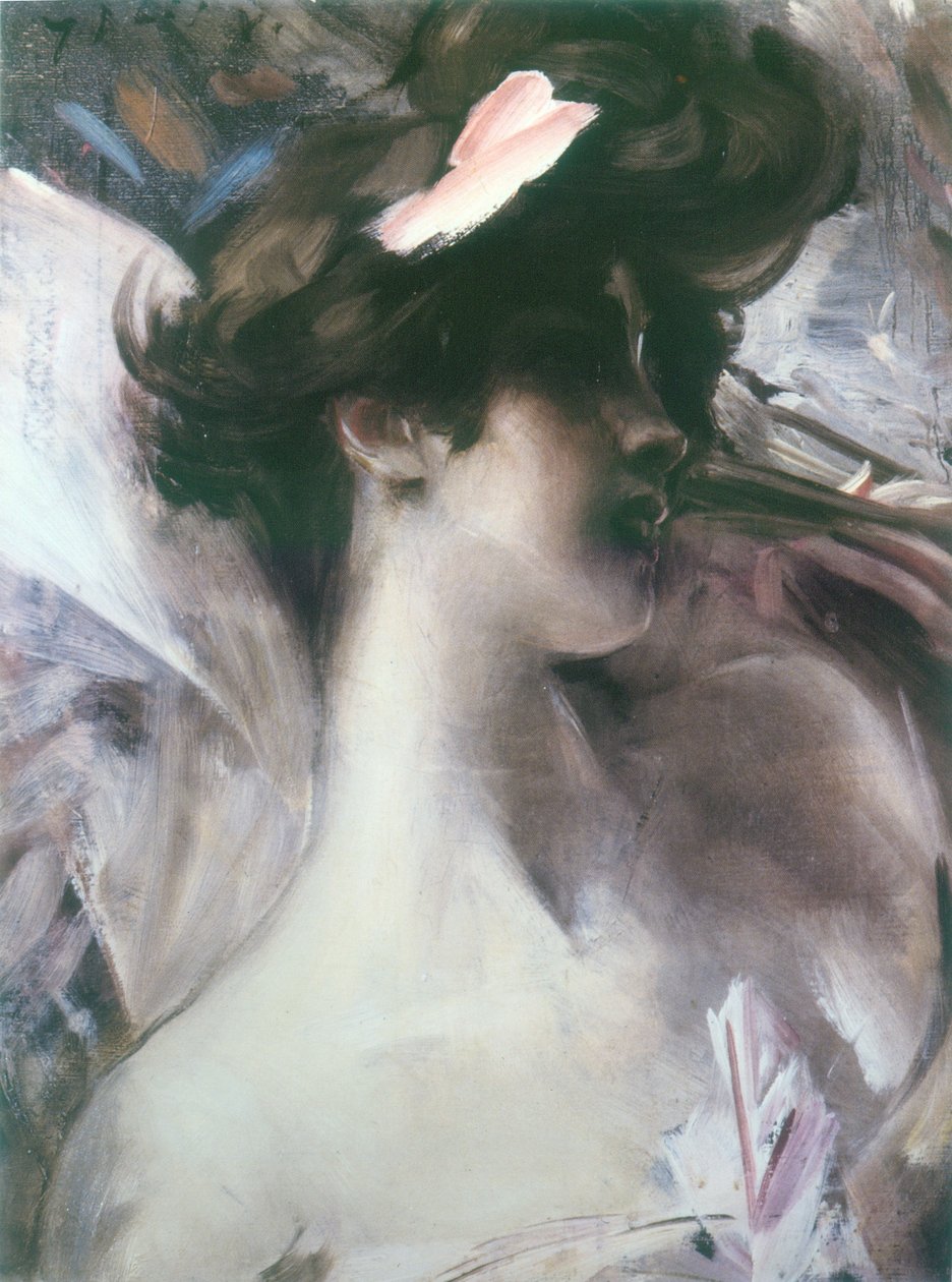 Testa di giovane su fondo rosan tekijältä Giovanni Boldini