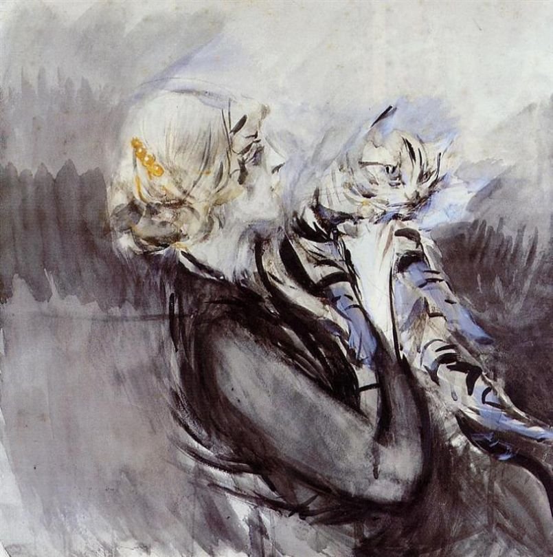 Nainen kissan kanssa Saksa: Frau mit Katze Polski: Kobieta w koten tekijältä Giovanni Boldini