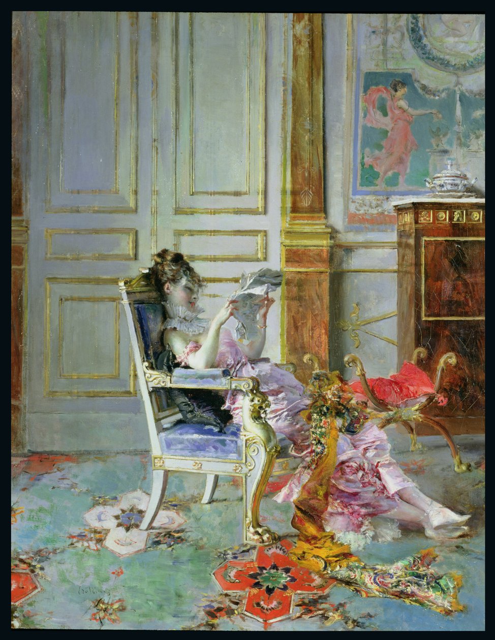 Tyttö lukemassa salongissa, 1876 tekijältä Giovanni Boldini