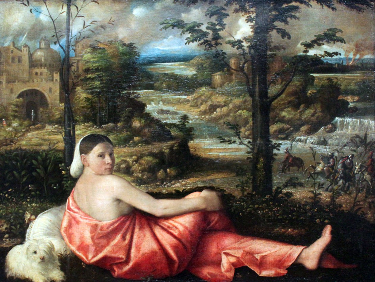 Bildnis einer ruhenden jungen Frau in einer Landschaft tekijältä Giovanni de Busi Cariani