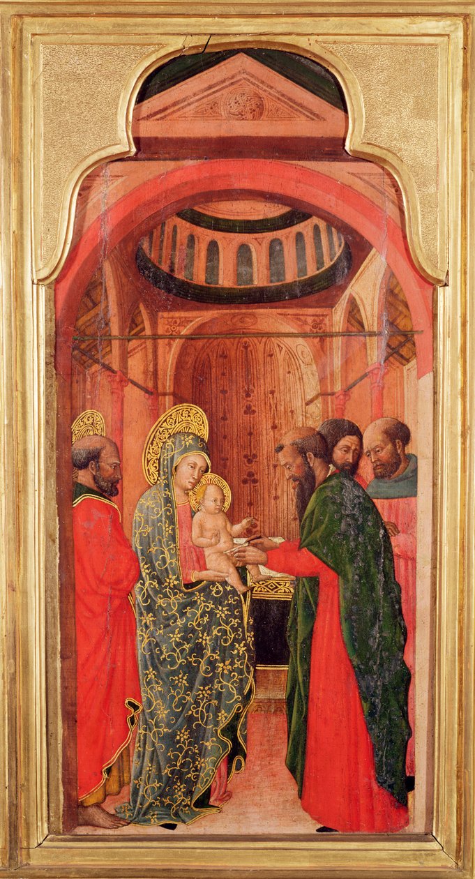 Ympärileikkaus, alttaritaulusta, joka kuvaa kohtauksia Neitsyen elämästä, n. 1445 tekijältä Giovanni Francesco da Rimini