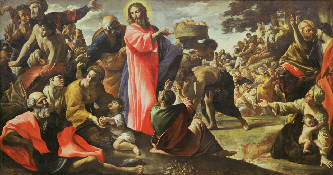 Leipien ja kalojen kertominen, 1620-5 tekijältä Giovanni Lanfranco