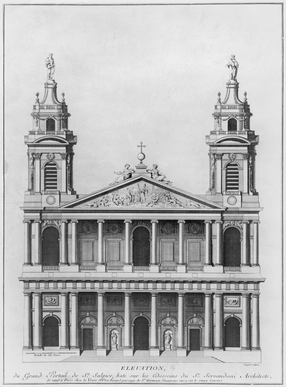 Saint-Sulpicen kirkko, julkisivun korotus, Pariisi, kaiverrus Loignel tai Laignel tekijältä Giovanni Niccolo Servandoni