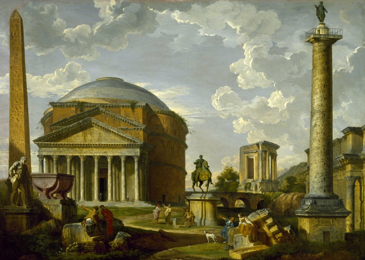 Fantasianäkymä Pantheonin ja muiden antiikin Rooman monumenttien kanssa tekijältä Giovanni Paolo Pannini