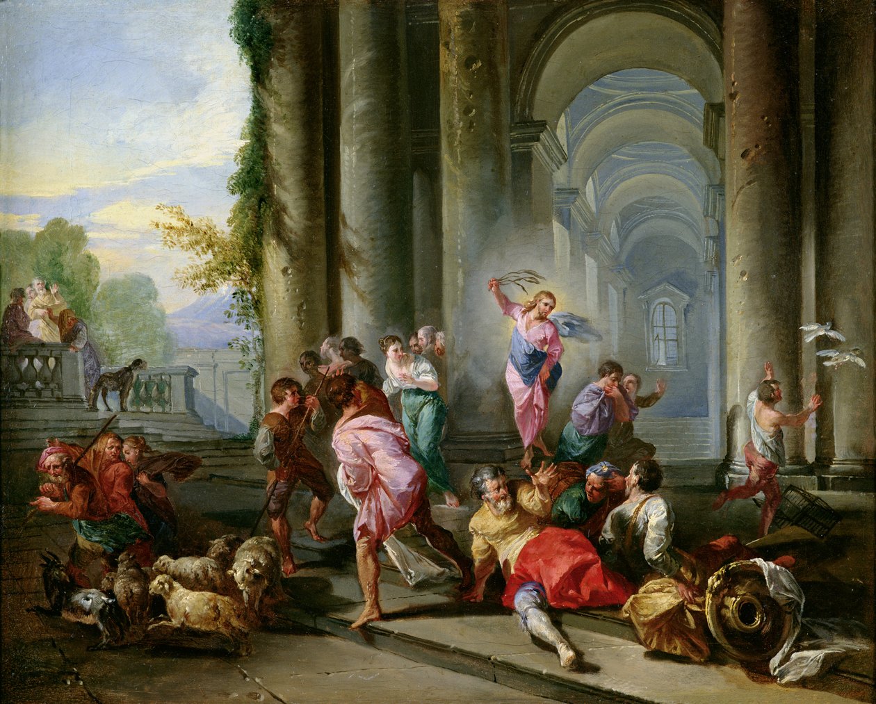 Kristus ajoi kauppiaita temppelistä, n. 1720-30 tekijältä Giovanni Paolo Pannini