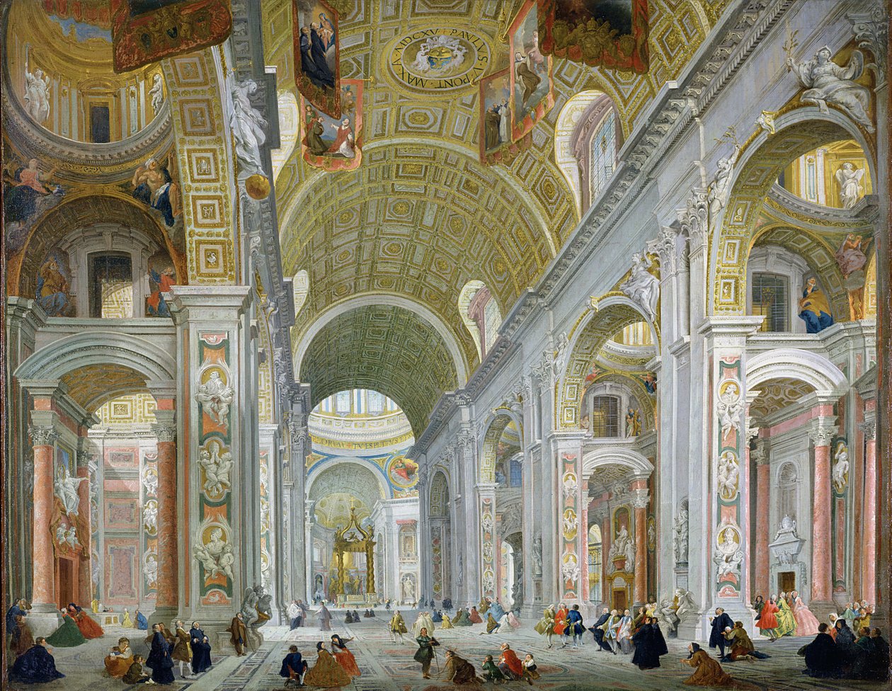 Pyhän Pietarin sisätilat, Rooma, n. 1754 tekijältä Giovanni Paolo Pannini