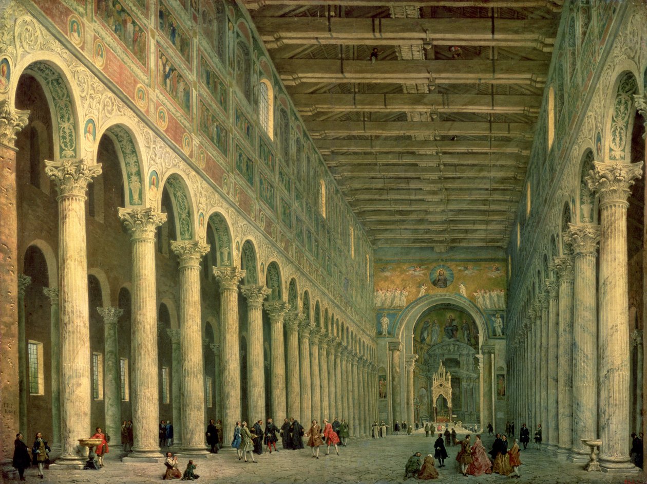San Paolo Fuori le Mura -kirkon sisätilat, Rooma, 1750. tekijältä Giovanni Paolo Pannini