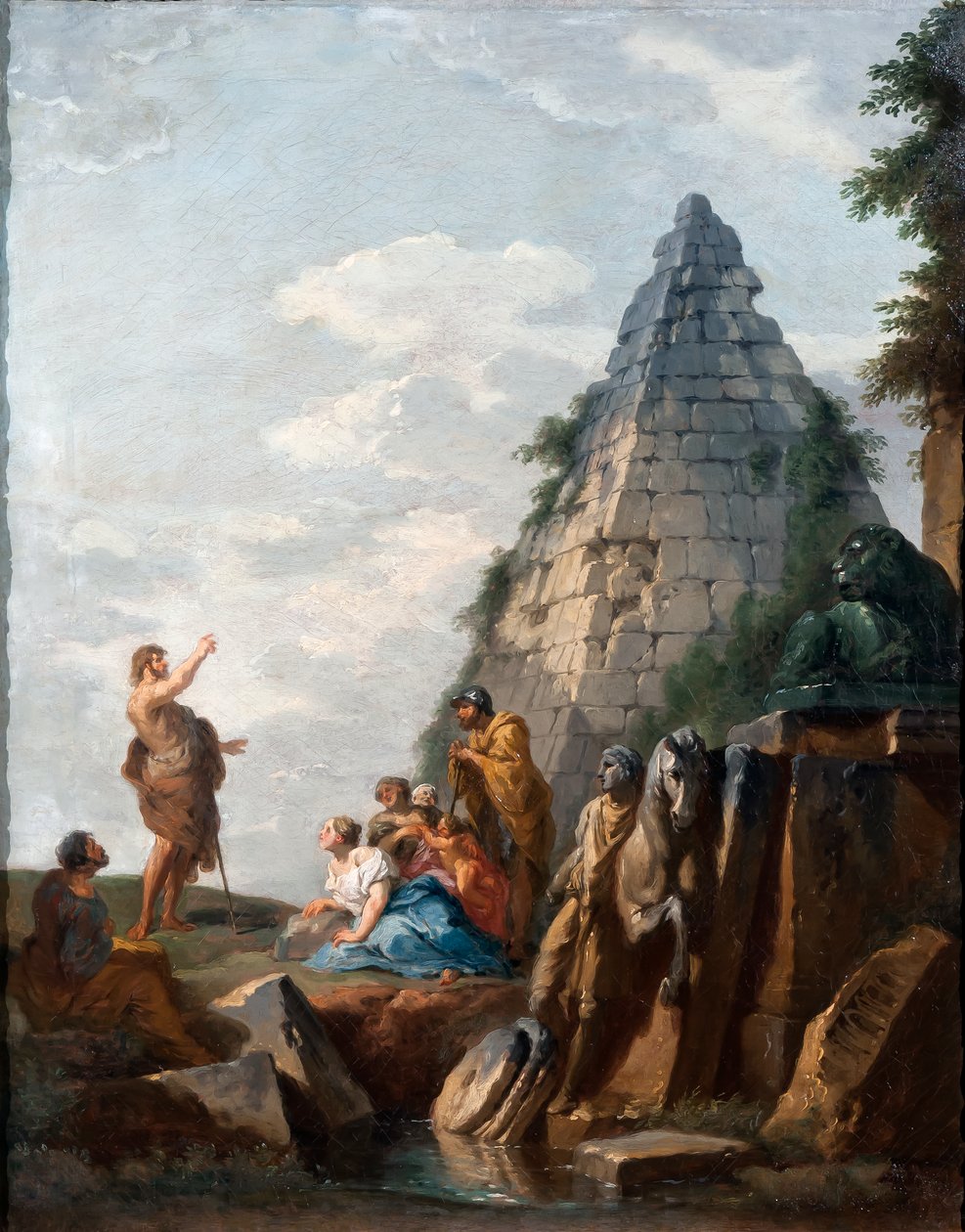 Capriccio Pyhän Johannes Kastajan saarnalla, Cestiuksen pyramidi ja muita klassisia monumentteja, 1745 tekijältä Giovanni Paolo Pannini