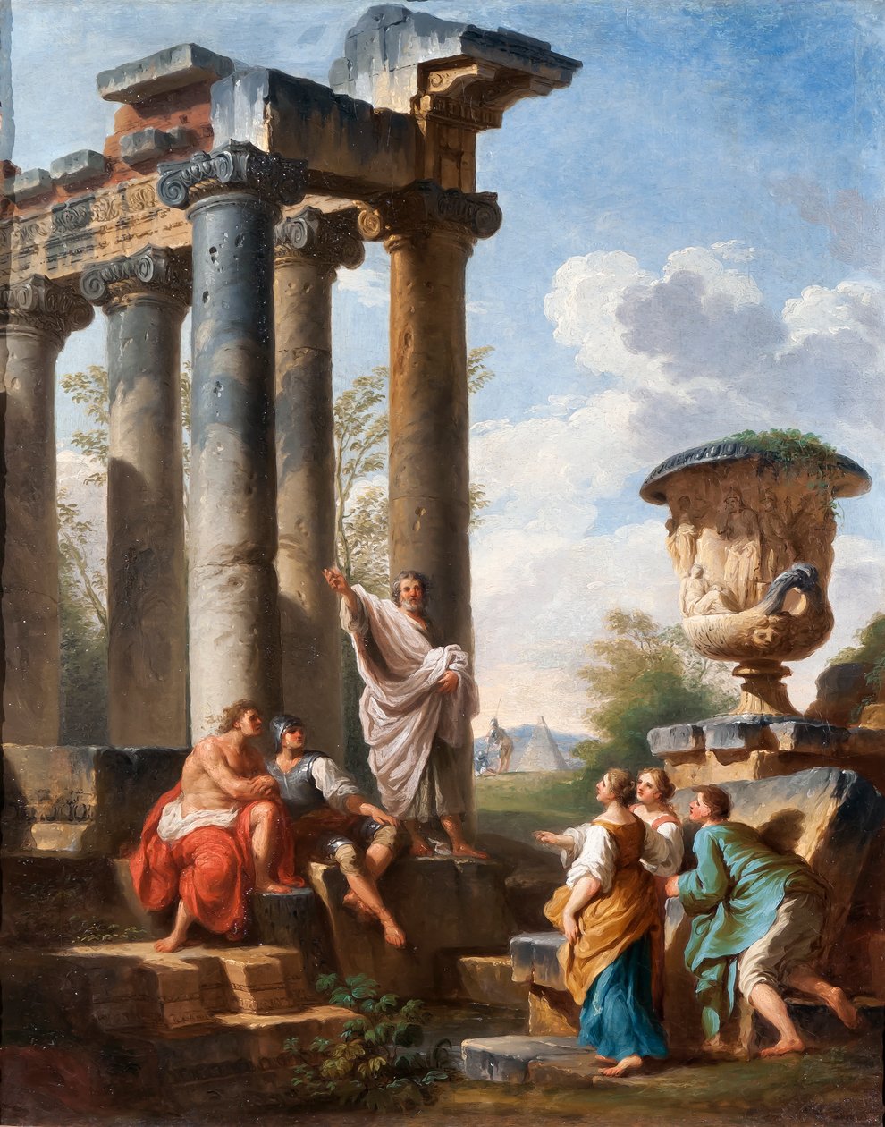 Capriccio, jossa saarnataan pyhimyksestä, Medici-maljakko, raunioitu temppeli ja Cestiuksen pyramidi, n. 1745 tekijältä Giovanni Paolo Pannini