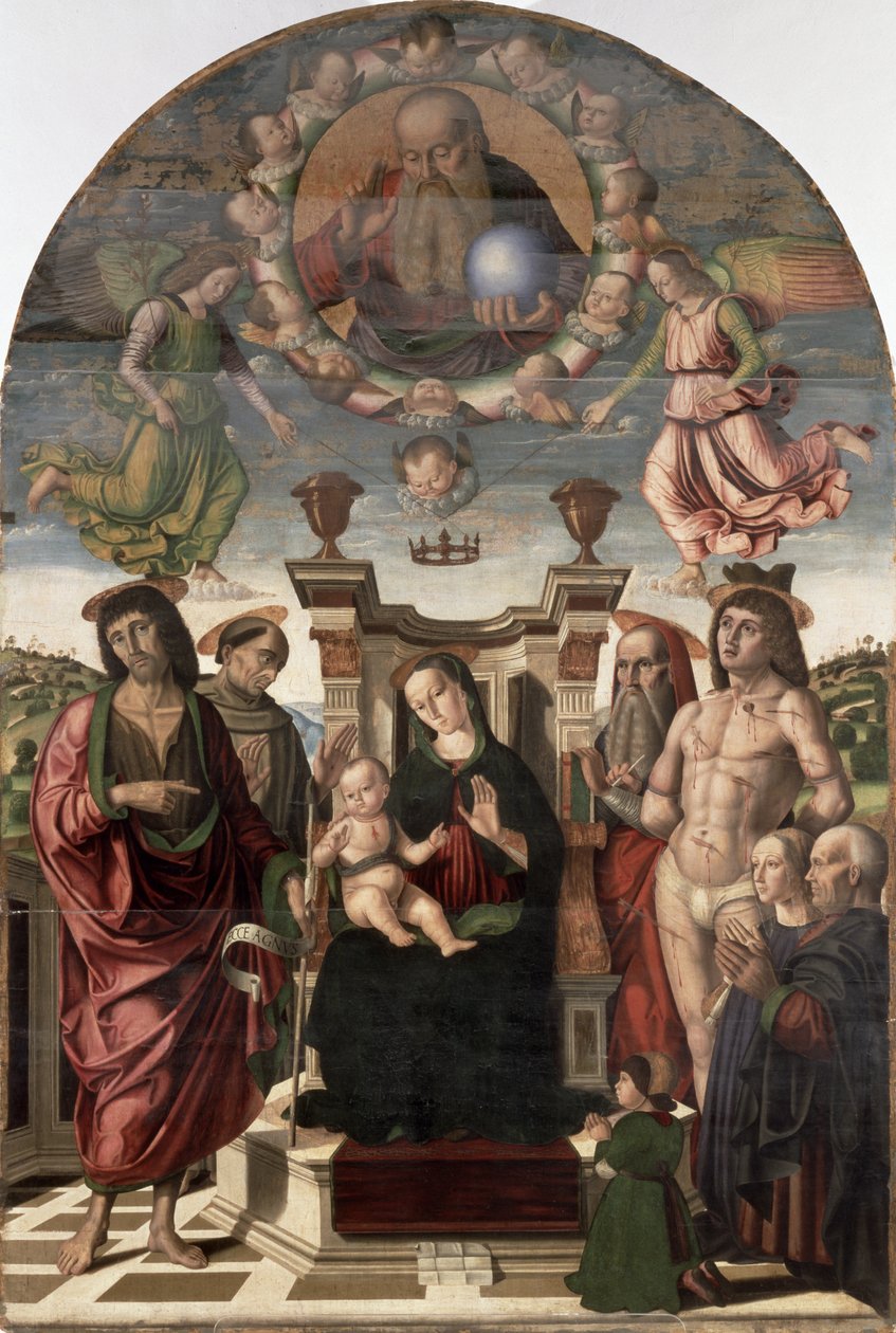 Madonna ja lapsi pyhimysten ympäröimänä tekijältä Giovanni Santi or Sanzio