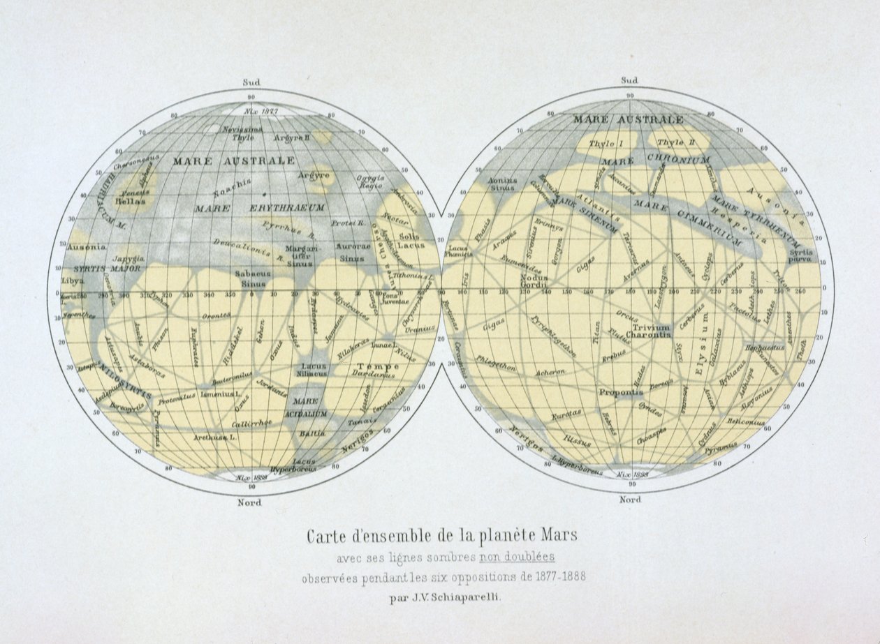 Mars-planeetan koottu kartta kuuden opposition aikana vuosina 1877-88 tehdyistä havainnoista tekijältä Giovanni Schiaparelli