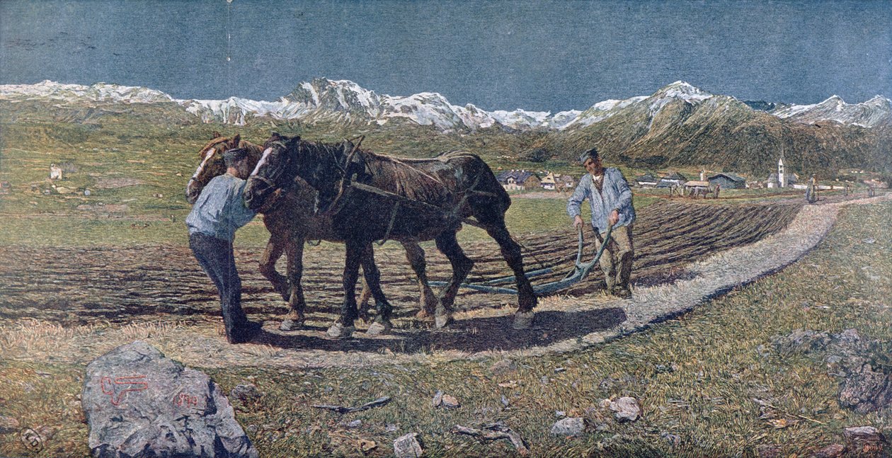 Talonpojat kyntämässä peltoa Pohjois-Italiassa, kuva Allemand Jugend -lehdestä. 1879 tekijältä Giovanni Segantini