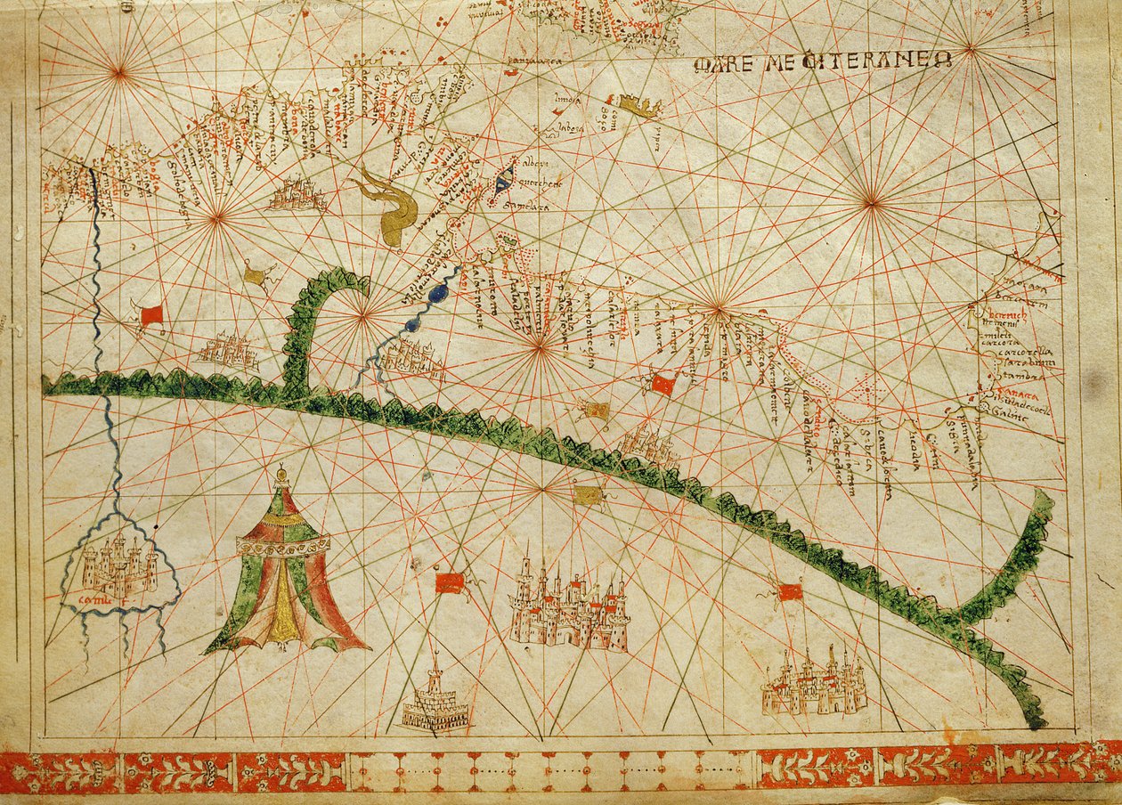 Pohjois-Afrikka, merenkulkuatlasista, 1520 (muste vellum) (yksityiskohta numerosta 330916) tekijältä Giovanni Xenodocus da Corfu