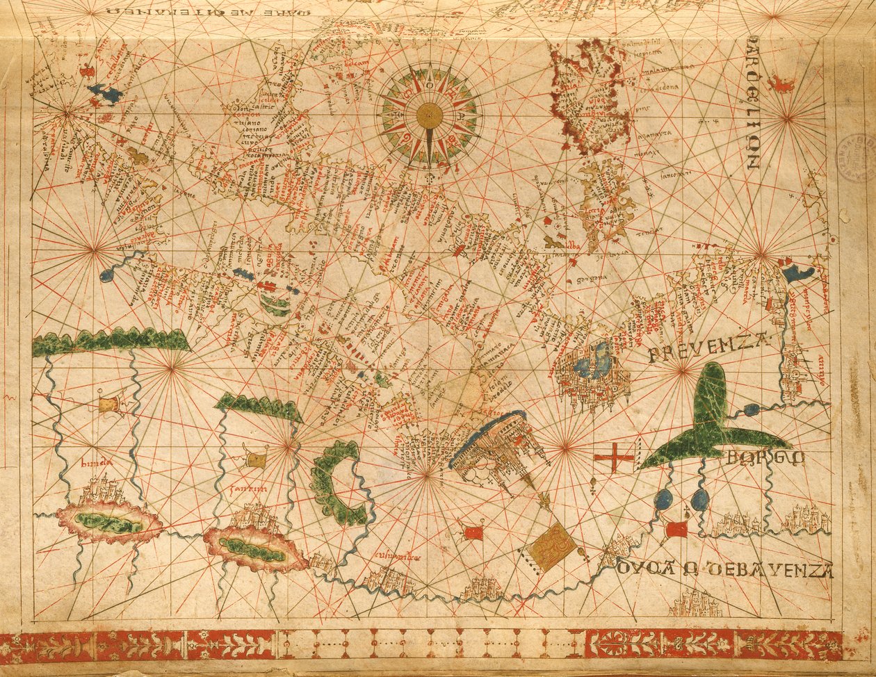 Provence ja Italia, merenkulkuatlasista, 1520 (muste vellum) (yksityiskohta numerosta 330915) tekijältä Giovanni Xenodocus da Corfu