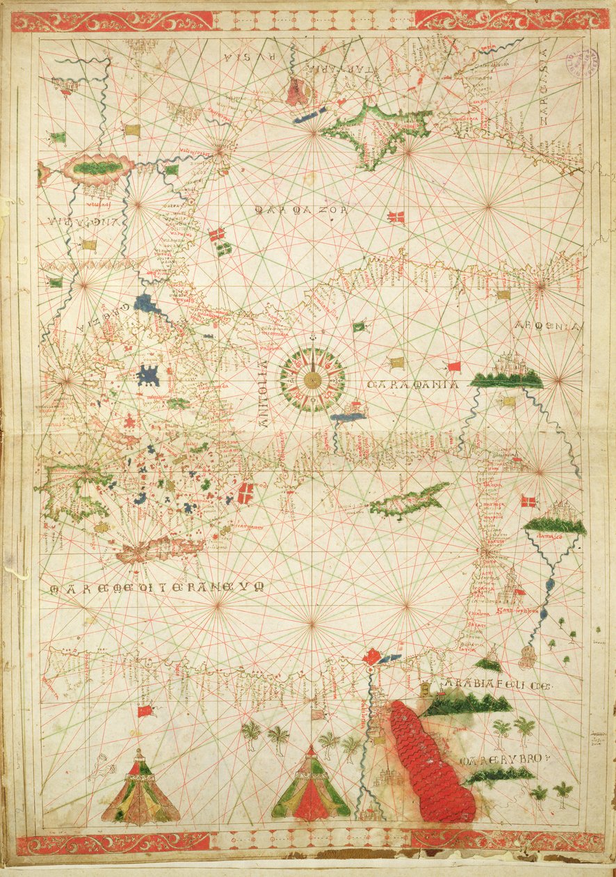 Itäinen Välimeri, merenkulkuatlasista, 1520 (muste vellum) (katso myös 330914) tekijältä Giovanni Xenodocus da Corfu