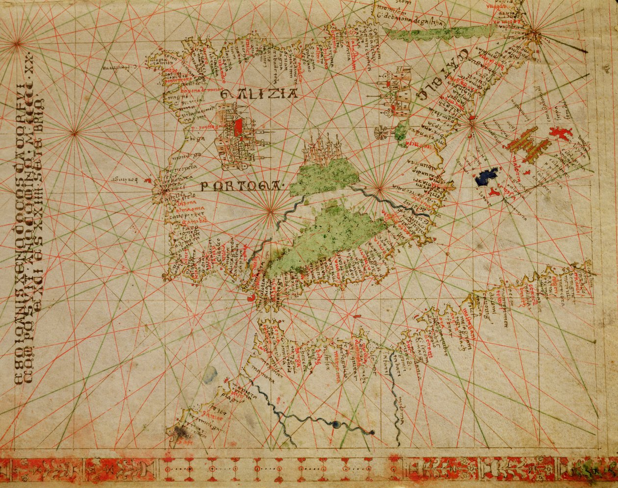 Pyreneiden niemimaa ja Afrikan pohjoisrannikko, merenkulkuatlasista, 1520 (muste vellum) (yksityiskohta 330910) tekijältä Giovanni Xenodocus da Corfu