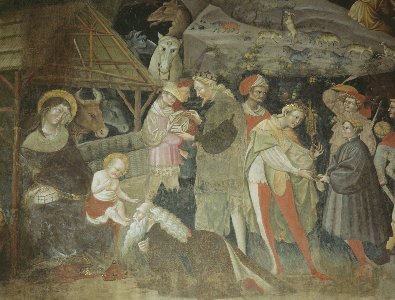 Syntymäkohtaus Magi Cyclen matkasta, Bologninin kappeli, n. 1420 fresko tekijältä Giovanni da Modena