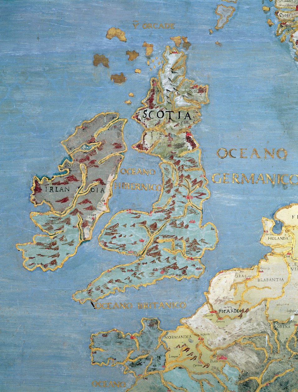 Kuudennentoista vuosisadan Britannian ja Pohjois-Ranskan kartta "Sala del Mappamondosta" (maailmankarttojen sali) noin 1574-75 (yksityiskohta kuvasta 95818). tekijältä Giovanni de Vecchi