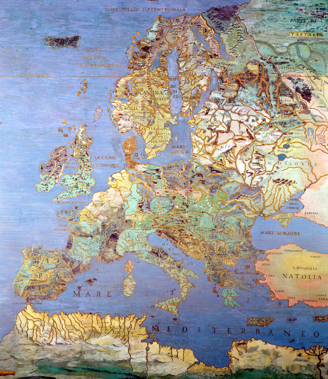 Kuudennentoista vuosisadan Euroopan kartta Sala del Mappamondosta (Maailman karttojen hallista) n. 1574-75 tekijältä Giovanni de Vecchi