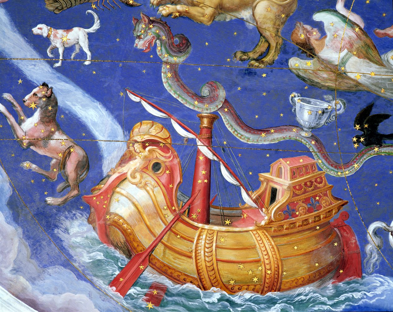 Zodiac-kohtaus, mukaan lukien Galleon, yksityiskohta "Sala del Mappamondon" (Maailman karttahalli) holvista n. 1574-5 tekijältä Giovanni de Vecchi
