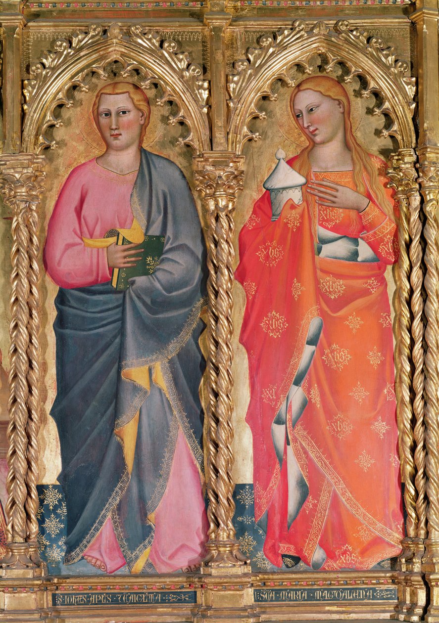 Pyhä Johannes ja Pyhä Maria Magdaleena, yksityiskohta Neitsyt ja lapsi valtaistuimelta pyhien ympäröimänä (tempera taulussa) (katso myös 438871) tekijältä Giovanni del Biondo dal Casentino