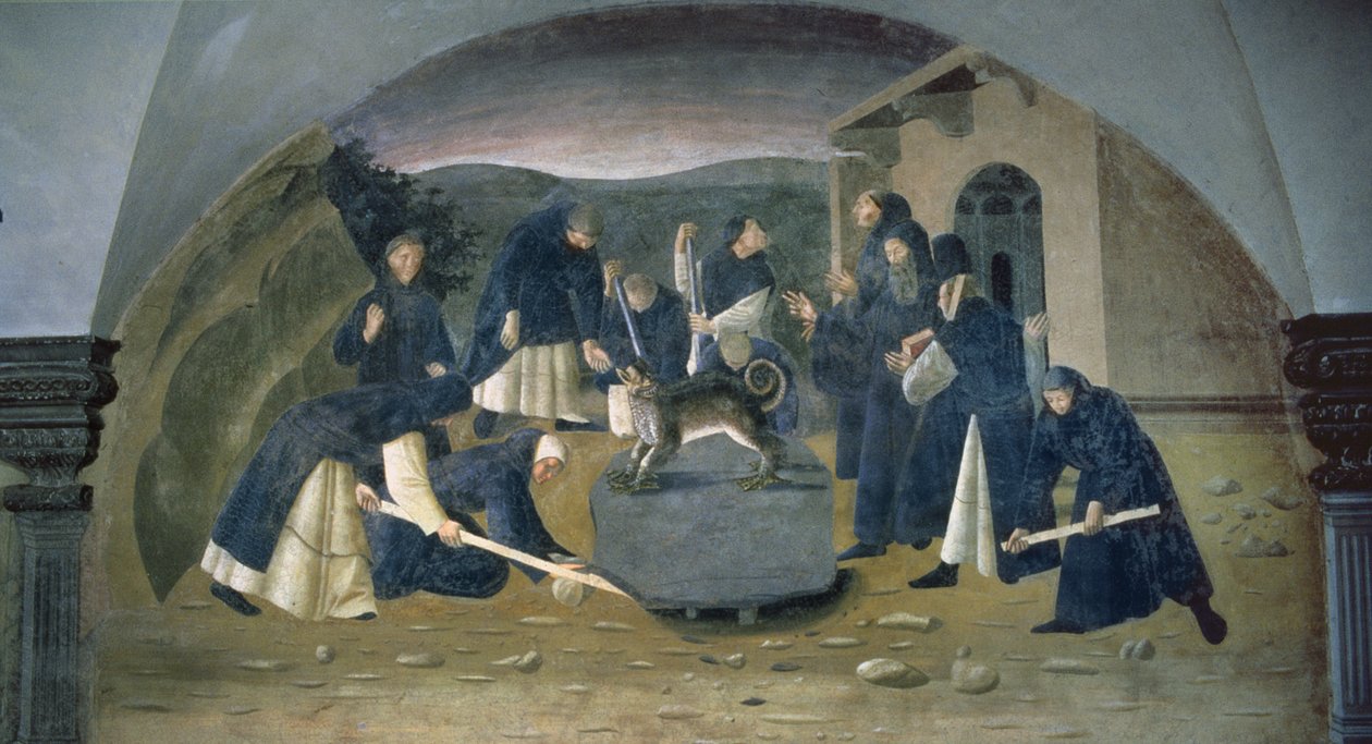 Pyhä Benedict nostamassa kaatunutta kiveä, yksityiskohta Pyhän Benedictuksen elämän freskojaksosta Chiostro degli Aranci (appelsiiniluostari) n. 1430-luvulla tekijältä Giovanni di Consalvo