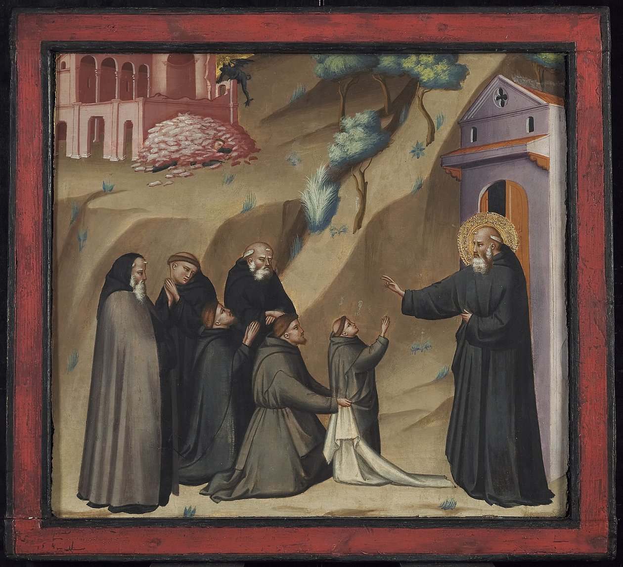 Pyhä Benedictus palauttaa elämän nuorelle munkin luo, 1300-luvun loppu (tempera & kultalehti paneelissa) tekijältä Giovanni di Niccolo del Biondo