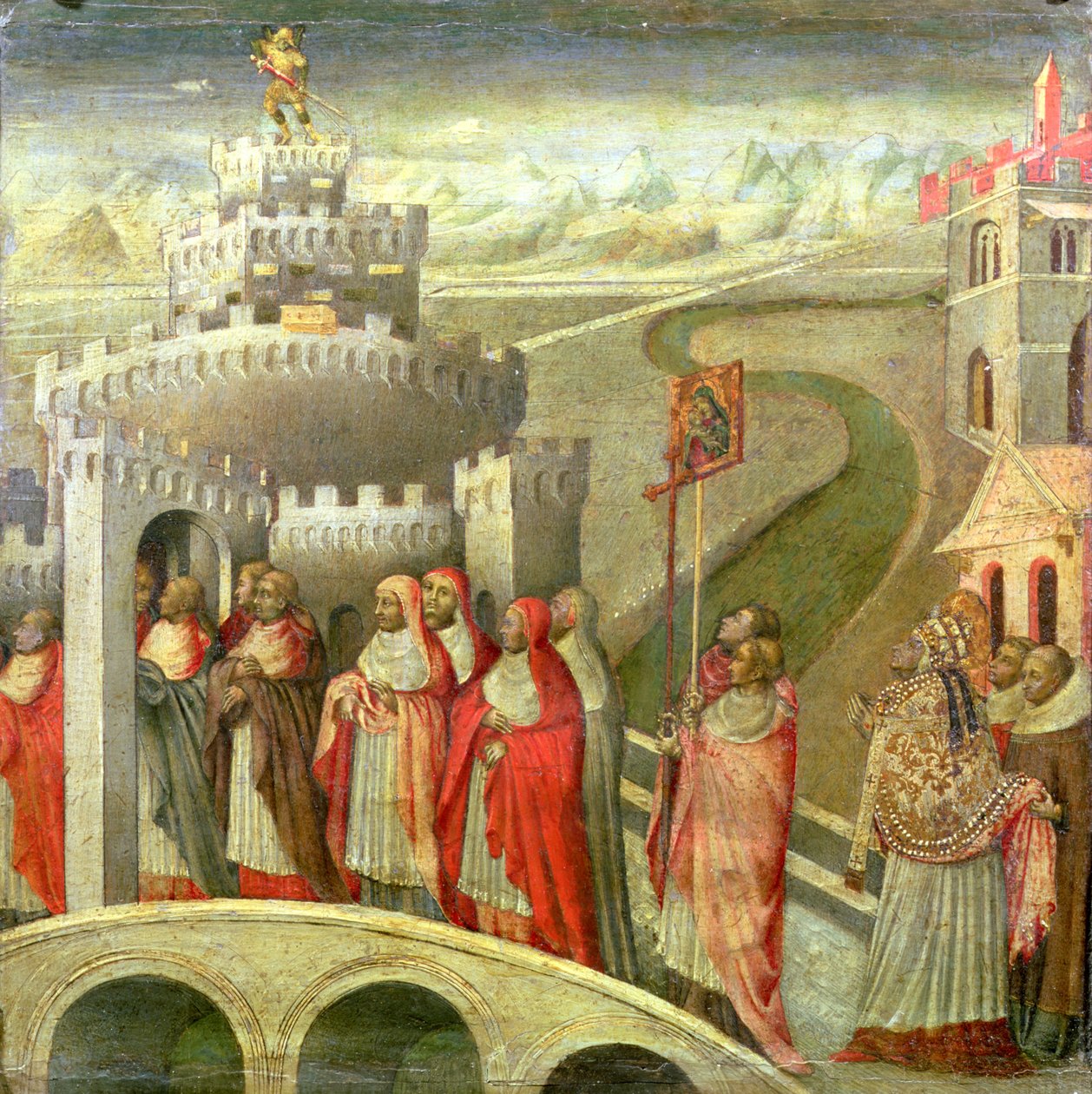 Pyhän Gregoryn kulkue Castel St. Angeloon tekijältä Giovanni di Paolo