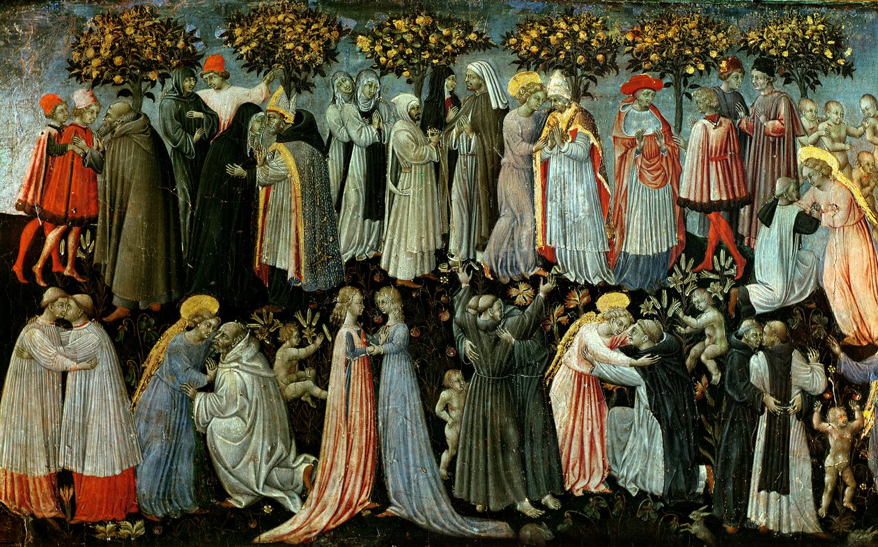 Viimeinen tuomio, yksityiskohta Predella-paneelista, joka kuvaa Paratiisia, 1460-65 (tempera paneelissa) (yksityiskohta 218797) tekijältä Giovanni di Paolo