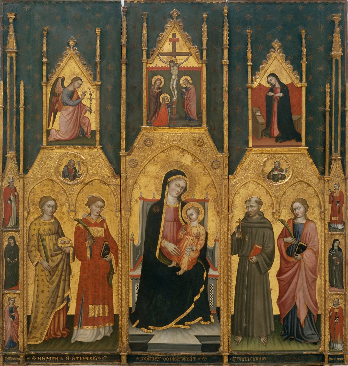 Neitsyt -alttaritaulu pyhien Agathan, Stefanuksen, Franciscuksen ja marttyyri -pyhän kanssa tekijältä Giovanni di Pietro da Pisa