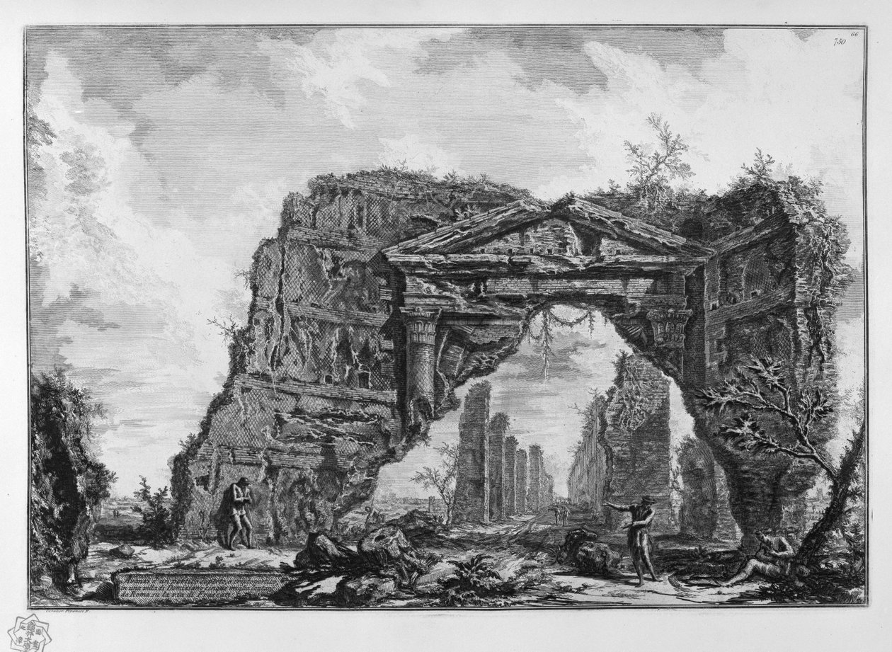 Domitianuksen huvilan (Castel Gandolfo?) katetun portikon eli kryptoportikon jäännökset viiden mailin päässä Roomasta Frascatin tiellä. tekijältä Giovanni Battista Piranesi