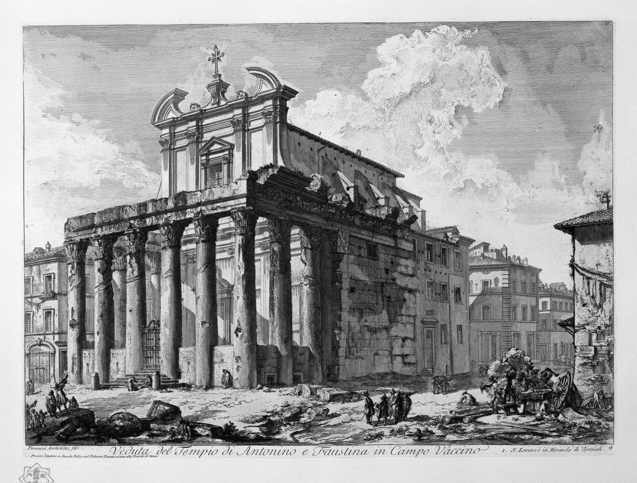 Veduta del Tempio di Antonino ja Faustina Campo Vaccinossa tekijältä Giovanni Battista Piranesi