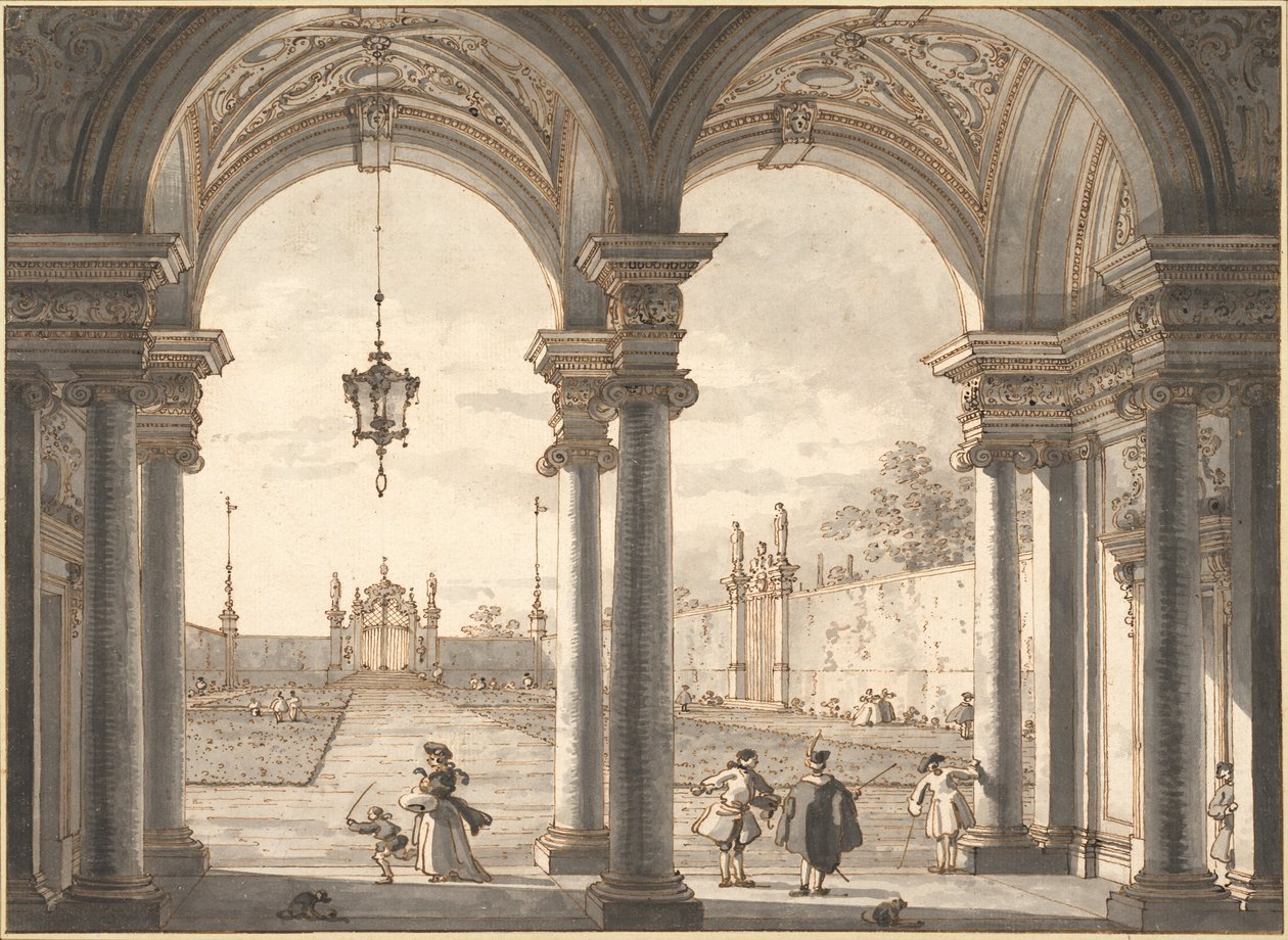 Näkymä barokkipylväiden kautta puutarhaan, 1760-1768 tekijältä Giovanni Antonio Canal