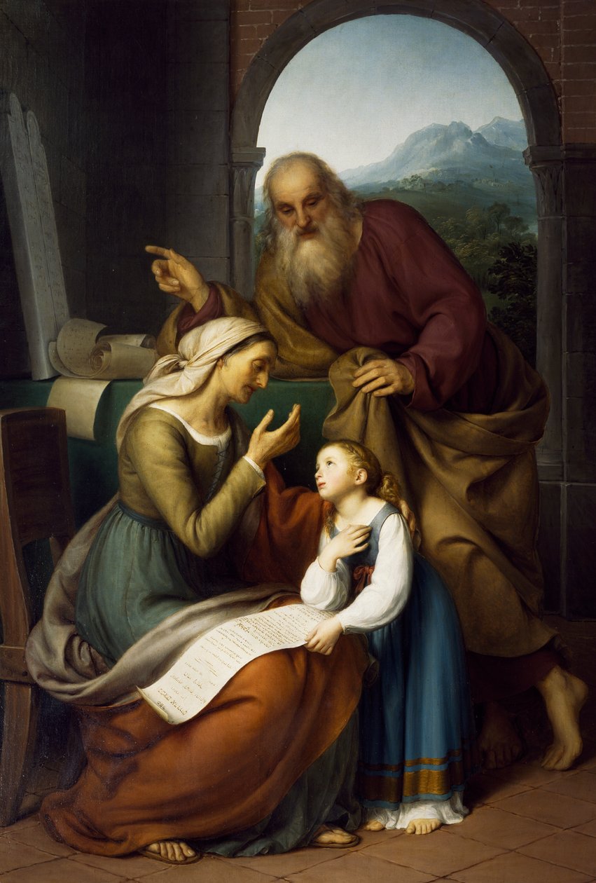 Neitsyen koulutus, Giovanni Carnovali (1804-1873), öljy kankaalle, 205x140 cm. Pyhän Bartolomeuksen seurakuntakirkko, Almenno. Italia tekijältä Giovanni Carnovali
