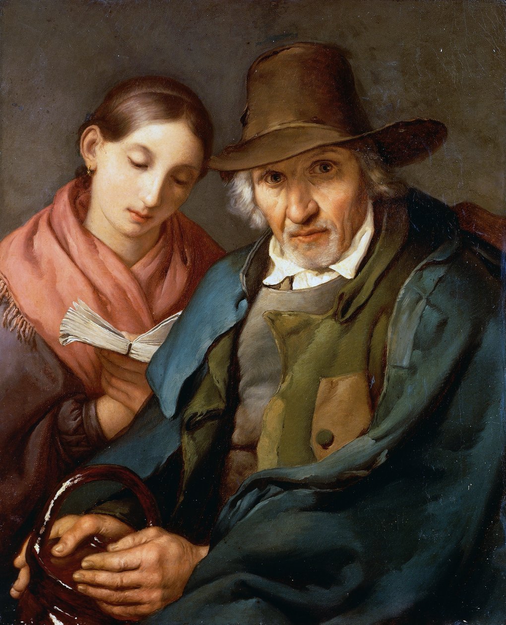 Figuuri iäkkäästä miehestä istumassa nuoren kansan kanssa lukemassa kirjaa, Giovanni Carnovalin Piccio (1804-1873), öljy kankaalle, 72x59 cm tekijältä Giovanni Carnovali