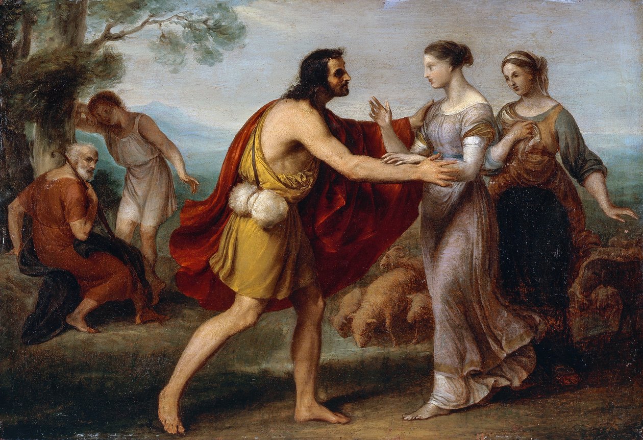 Jacobin ja Rachelin tapaaminen, Giovanni Carnovalin Piccio (1804-1873), öljy kuparille, 38x53 cm tekijältä Giovanni Carnovali