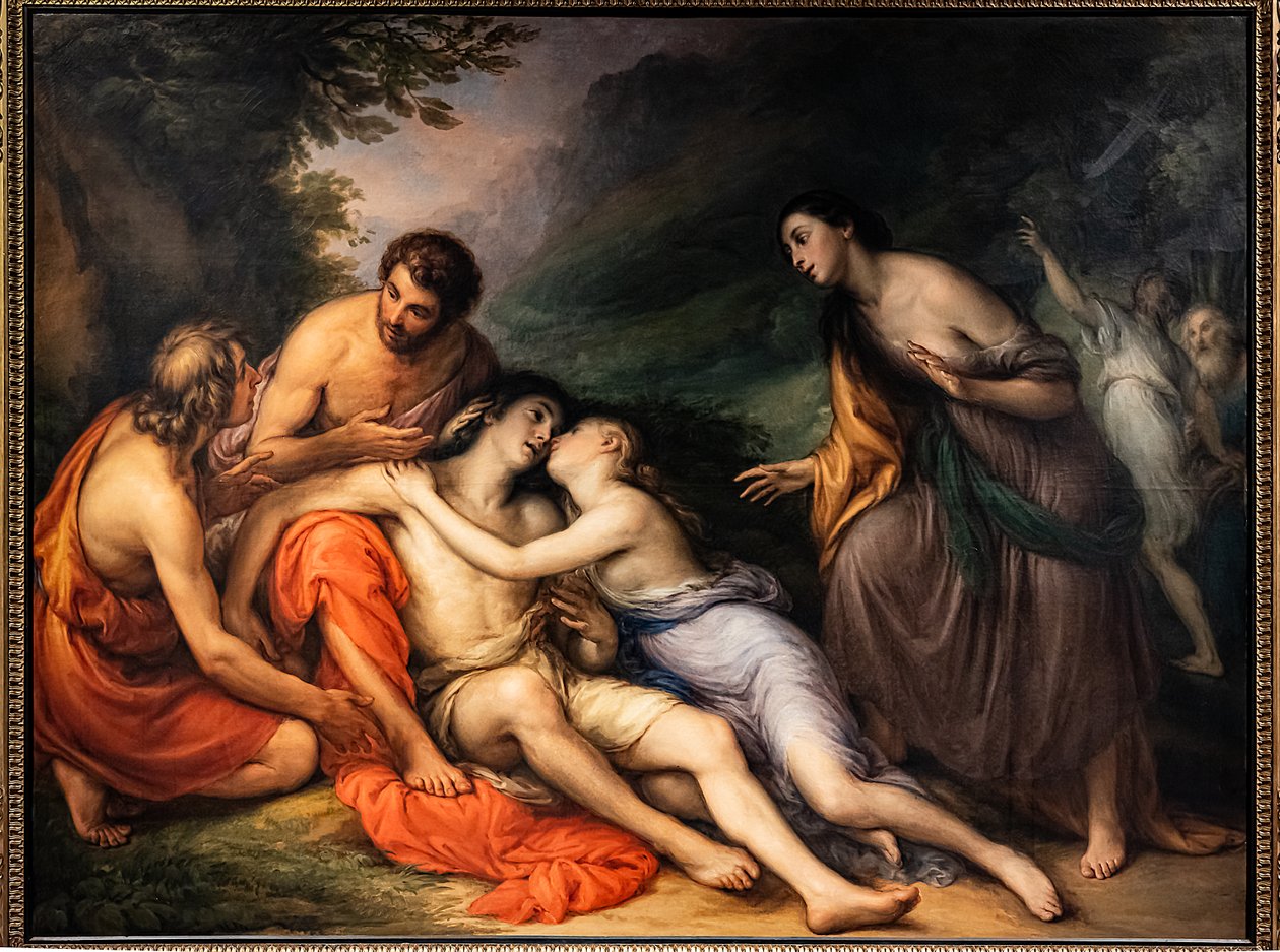 Aminta herää henkiin Silvian käsivarsissa, n. 1832-1833 (öljy kankaalle) tekijältä Giovanni Carnovali