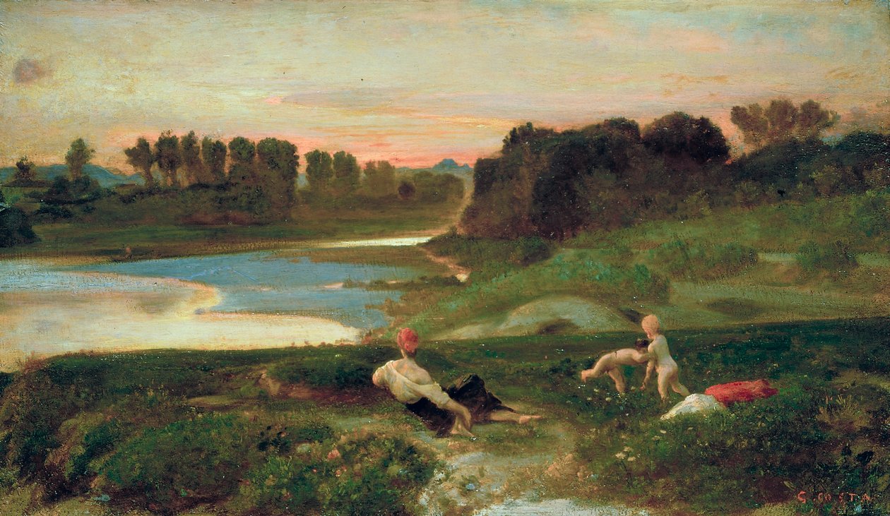 Iltapäivä Cascinen rannalla, noin 1859-69 (öljy kartongille). tekijältä Giovanni (1826 1903) Costa
