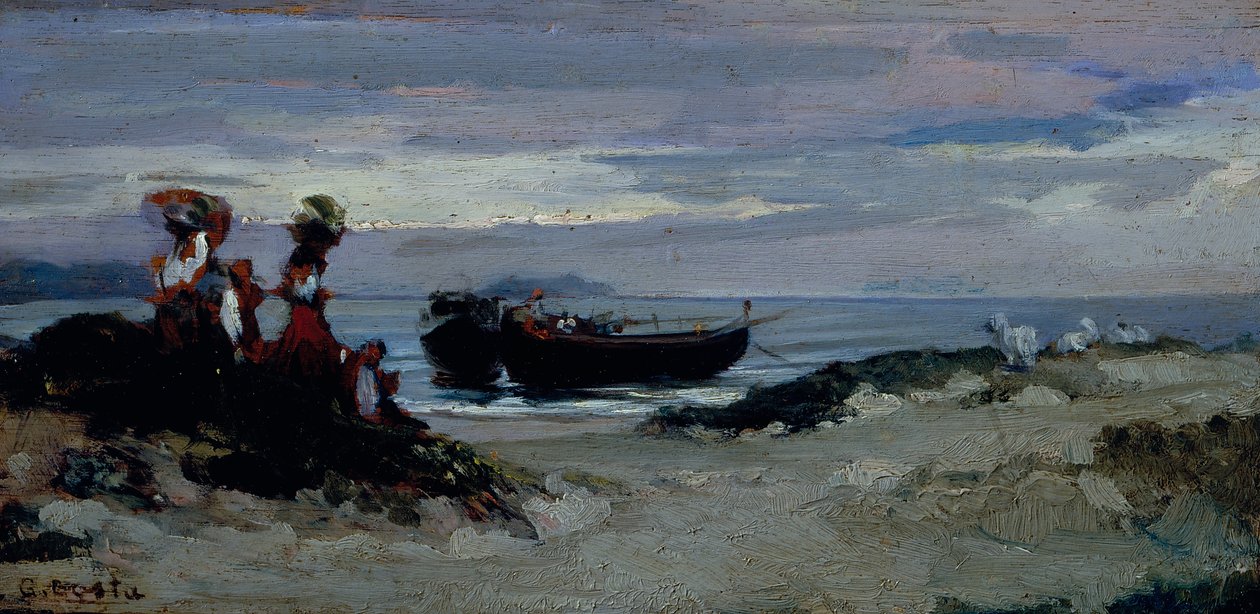 Naiset laivaamassa puuta Anzion rannalla, noin 1852 (öljy kartongille). tekijältä Giovanni (1826 1903) Costa