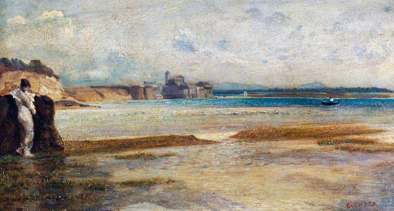 Kuun lasku Tyrrhenanmerellä, maalaus Nino Costa (1826-1903), Italia tekijältä Giovanni Costa