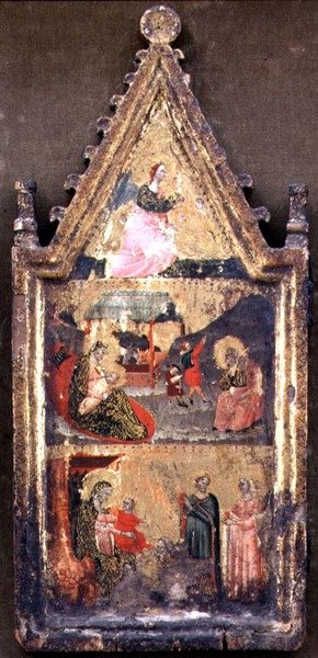 T-B: Ilmoituksen enkeli; Syntymä ja ilmestys paimenille; The Adoration of the Magi, diptyykin vasen siipi (tempera paneelissa) tekijältä Giovanni (attr. to) Baronzio da Rimini