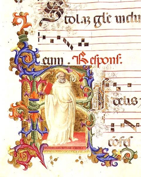 Ms 561 f.1r Historioitu alkukirjain "R", joka kuvaa Pyhää Eligiusta, San Jacopo di Ripolin luostarin asteittaisesta 1300-luvun alusta tekijältä Giovanni (follower of) Cimabue